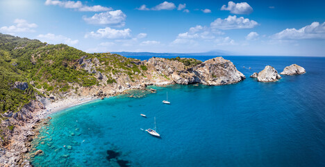 Panoramic aerial view of the remote beach and peninsula of Kastro, Skiathos island, Greece