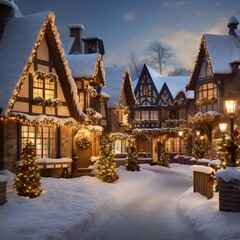 Christmas village in the snow. Christmas houses in the snow. Beautiful winter landscape.