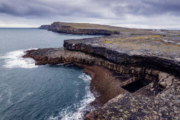 Aerial view on Warm hole, popular tourist landmark on Inishmore island, county Galway, Ireland....