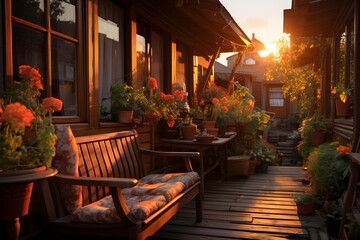 Panoramic view of a cozy terrace with wooden furniture in the sunset