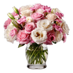 Pink Roses and Eustoma Lisianthus Flowers Isolated on Transparent or White Background, PNG