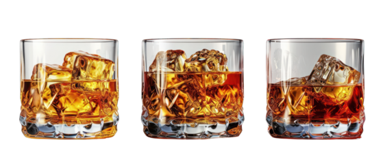 Set of 3 Different Aged Whiskey Varieties Isolated on Transparent or White Background, PNG