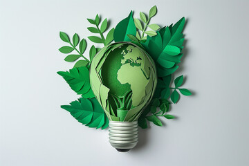 Earth day concept, Papercut lightbulb Earth globe leaf, white background