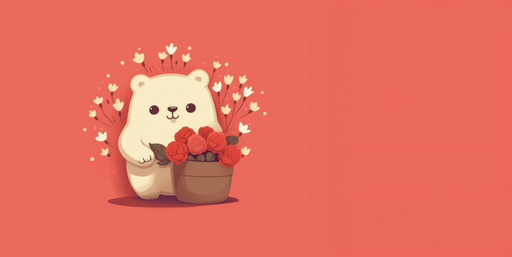 The image features a cartoon bear with a pot of red flowers, hearts floating around.