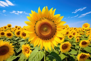 Obraz premium Closeup of a sunflower in a plantation.