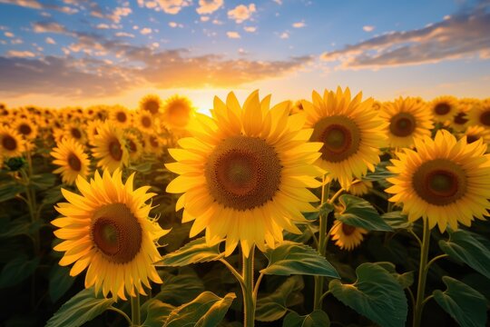 Beautiful sunflower field at sunset. © Vanesa Flores