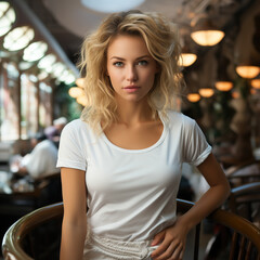 Female model in a comfortable white t-shirt