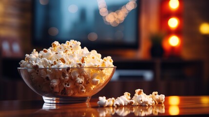 Popcorn in a glass bowl, ready to watch tv,blurred background. Ai generative - obrazy, fototapety, plakaty