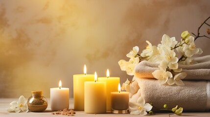 Obraz na płótnie Canvas Spa with candle and spa towels, in the style of light yellow and light brown, captivating floral still lifes. Ai generative