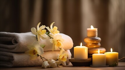Obraz na płótnie Canvas Spa with candle and spa towels, in the style of light yellow and light brown, captivating floral still lifes. Ai generative