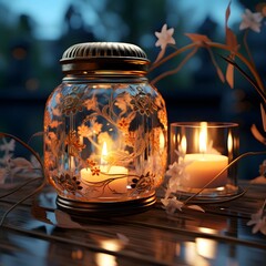 Candles in a glass jar on a wooden table in the garden