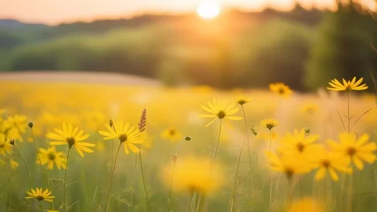 Poster Im Rahmen soft focus sunset field landscape of yellow flowers and grass meadow warm golden hour sunset sunrise time.  © AI By Ibraheem
