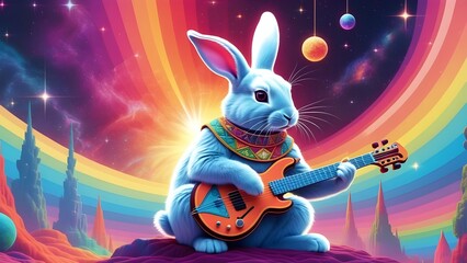  a trippy, 1960s psychedelic animation of a cosmic bunny navigating through a fractal dreamscape of rainbow nebulae and geometric shapes while playing the sitar. 
