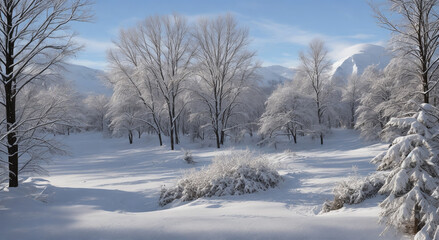 Obraz premium Snowy Clearing with Mountain Backdrop Generative AI