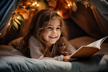 Adorable child with opened book in bed