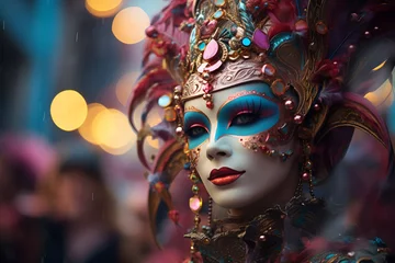 Fotobehang Carnival - Mask Party - Masquerade Disguise With Shiny Streamers On Abstract Defocused Bokeh Lights © PanArt