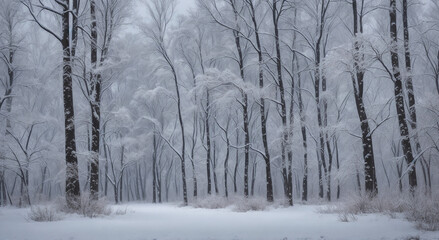 Majestic Winter Tree Trunks in Snowy Forest Generative AI