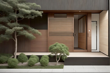 minimalist style exterior of villa. wood front door. Back yard beautiful landscape. generative ai