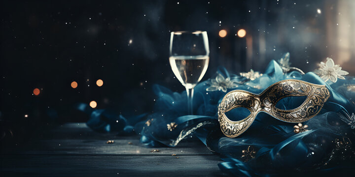 glass and mask on the table. carnival mood. party. holiday