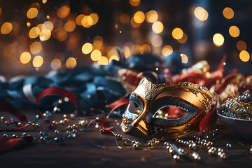 Carnival - Venetian Mask Party - Masquerade Disguise With Shiny Streamers On Abstract Defocused Bokeh Lights