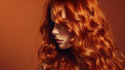 Fototapeta premium Close-up portrait of a young beautiful Caucasian woman with long ginger wavy hair. Attractive female model with perfect makeup and lush flowing hair. Isolated on brown background.