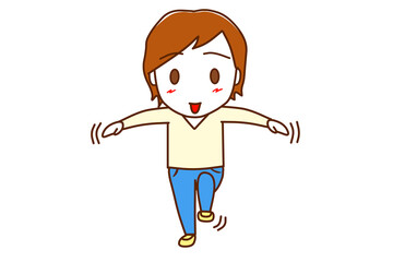 （全身正面）片足立ちが楽々できて笑顔の白人男性