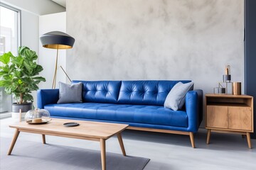Minimalistic Scandinavian Navy Blue Sofa in Studio Apartment. Modern Living Room and Kitchen Design