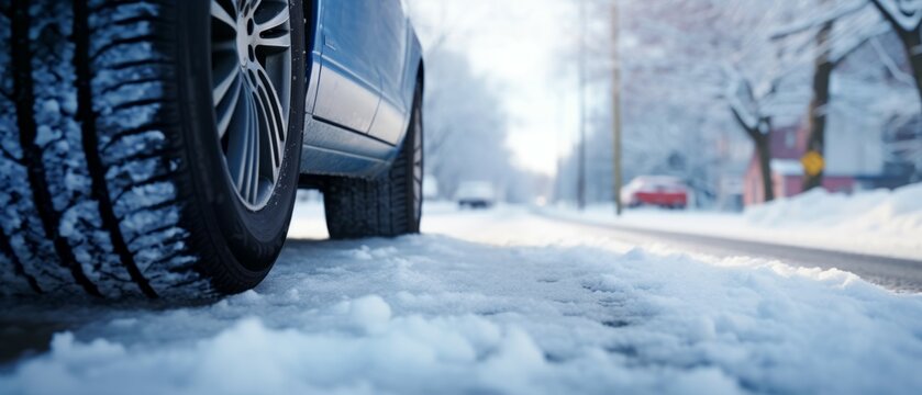 Close-up Side view of a car with a Winter tires on Snowy road. Tires on snowy highway detail. Space for text. Drive Safe Concept on Winter or spring holidays adventures. Generative ai