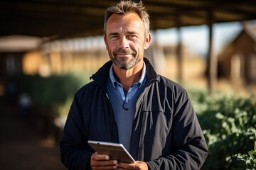 Happy farmer stands and smile holds tablet in his hands against background of field