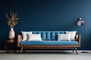 Stylish Navy Blue Sofa in Scandinavian Studio Apartment with Modern Living Room and Kitchen Design