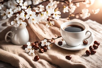 cup of coffee and chocolate  and spring flowers