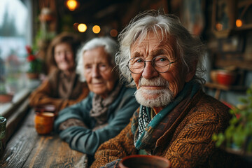 happy old age, a group of elderly people in a nursing home - obrazy, fototapety, plakaty