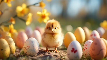 Chick surrounded by Easter eggs. Symbol of birth.Ai generative.