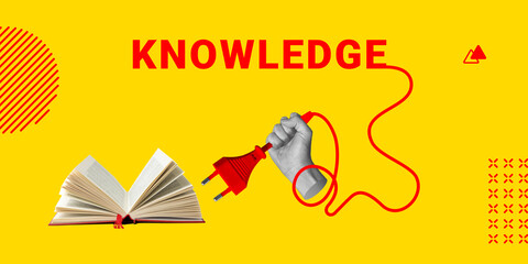 Training, courses, leveling up, gaining knowledge of the concept. Hand with electric plug connects...