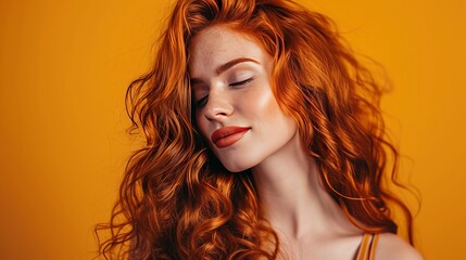 Naklejka premium Close-up portrait of a young beautiful Caucasian woman with long ginger wavy hair. Attractive female model with perfect makeup and lush flowing hair. Isolated on yellow background.