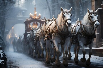 Fototapeta na wymiar Carriage with horses on a snowy street in winter, Prague, Czech Republic