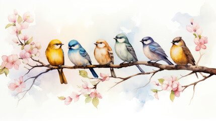 row of cute birds on branch watercolor illustration