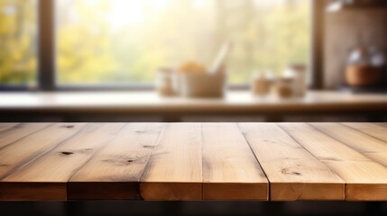 Empty wooden table top counter with bokeh kitchen interior background. Ready for product montage and banner