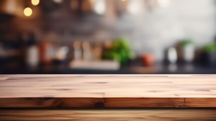 Empty wooden table top counter with bokeh kitchen interior background. Ready for product montage and banner