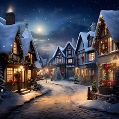 Beautiful winter night in a small village. Christmas and New Year.