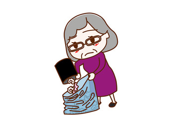 （全身斜め）名前の無い家事・ゴミ集めを不満気に嫌々する高齢の女性