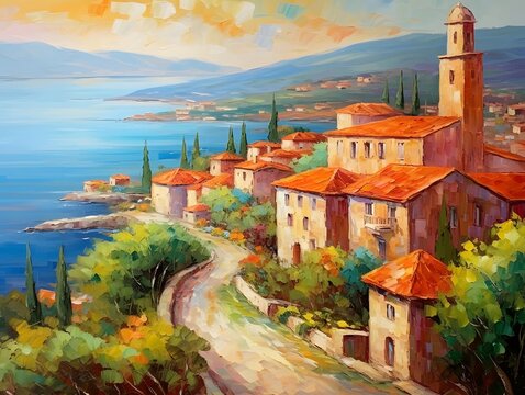 Digital painting of an old village on the coast of Lake Garda