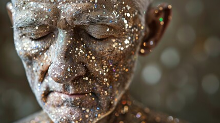 Portrait of a elderly man with elements of glowing particles and stars. Sparkling glitters on a face. Magic portrait