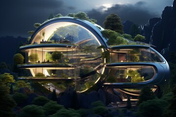 Architecture eco-friendly living, green futuristic Building