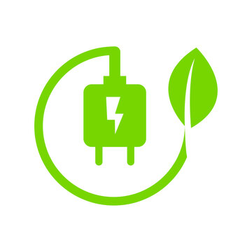 Flat Design Style Green plug energy icon. Green electricity eco power consumption. Plug and leaf for save energy technology. Ecology charging logo Vector illustration design on white background EPS 10