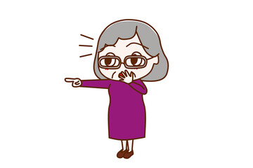 （全身斜め）何かを指差して驚いた顔で気が付く高齢の女性