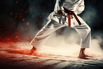 Karate stance with a red belt, sparks flying.