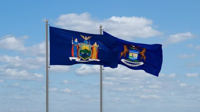 Michigan and New York US state flags waving together on cloudy sky, endless seamless loop