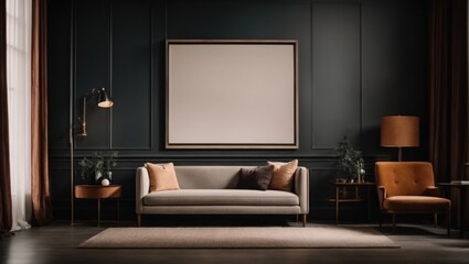 Modern living room interior with mock up poster frame. 3D Rendering