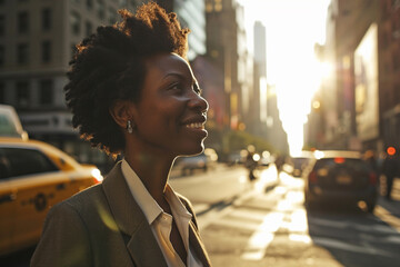 African American business woman waiting for a taxi on a city street in the morning, she smiles,...